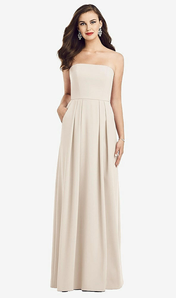 Front View - Oat Strapless Pleated Skirt Crepe Dress with Pockets