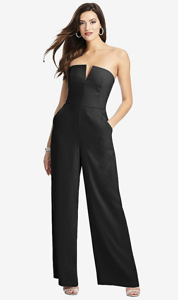 Front View - Black Strapless Notch Crepe Jumpsuit with Pockets