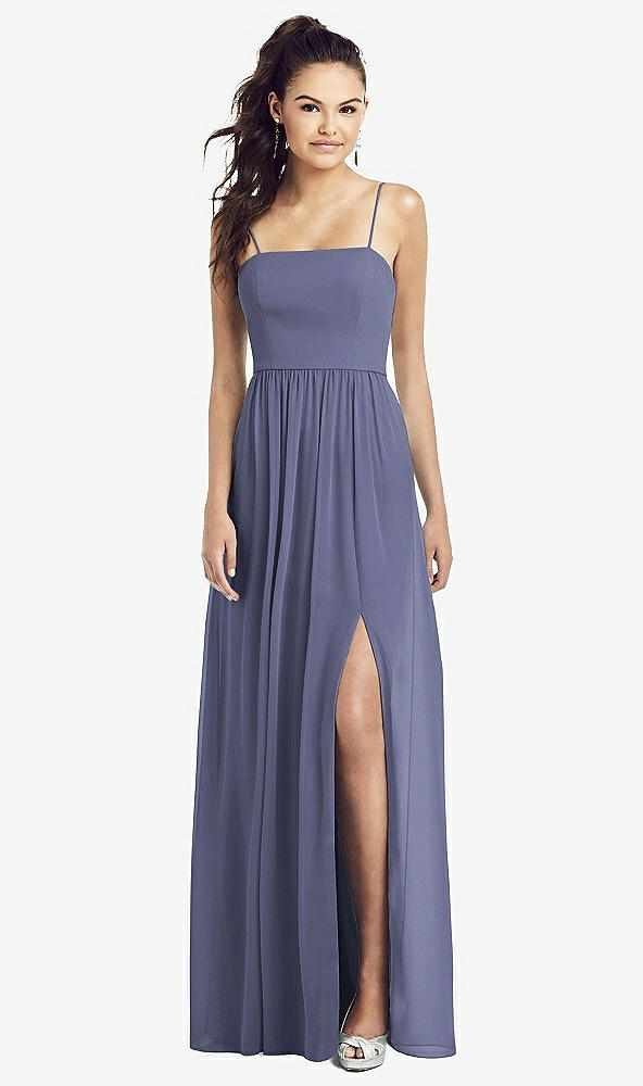 Front View - French Blue Slim Spaghetti Strap Chiffon Dress with Front Slit 