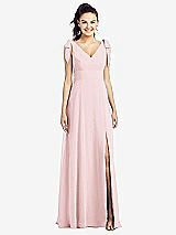 Front View Thumbnail - Ballet Pink Bow-Shoulder V-Back Chiffon Gown with Front Slit