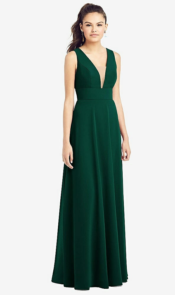 Front View - Hunter Green & Light Nude Adjustable Strap Illusion Neck Chiffon Gown