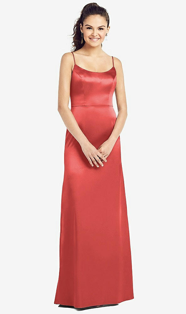 Front View - Perfect Coral Slim Spaghetti Strap V-Back Trumpet Gown