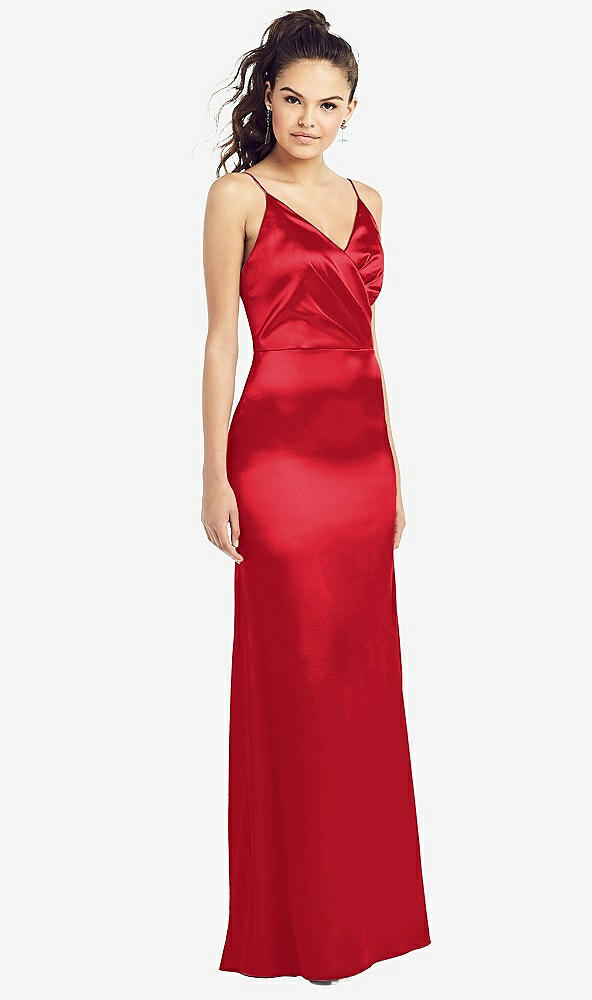Front View - Parisian Red Slim Spaghetti Strap Wrap Bodice Trumpet Gown