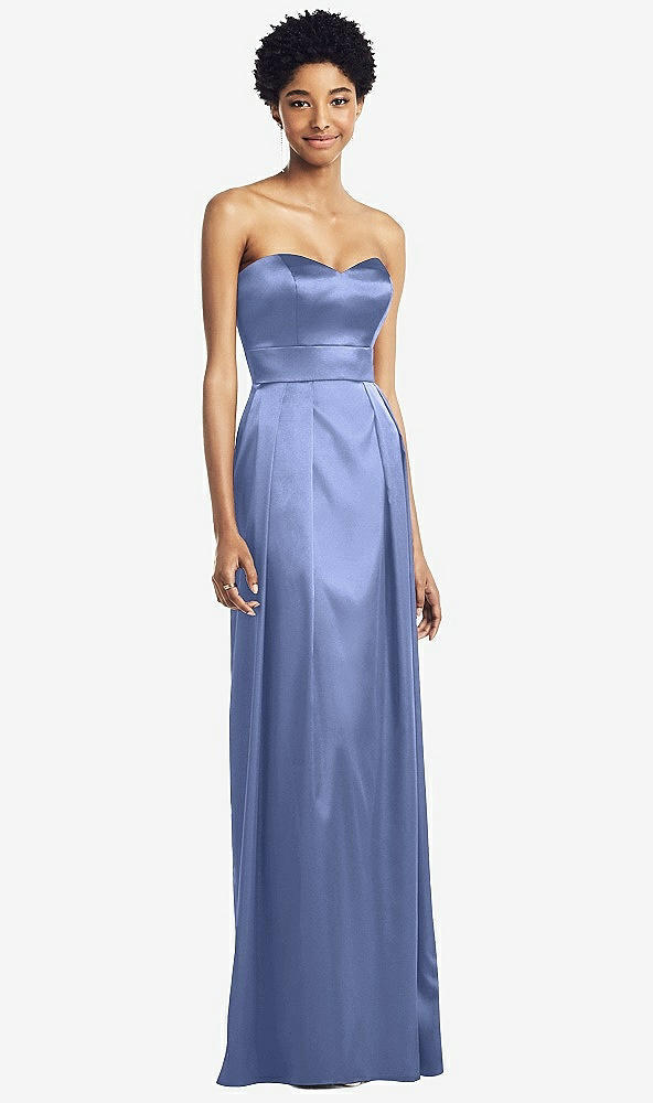 Front View - Periwinkle - PANTONE Serenity Sweetheart Strapless Pleated Skirt Dress with Pockets