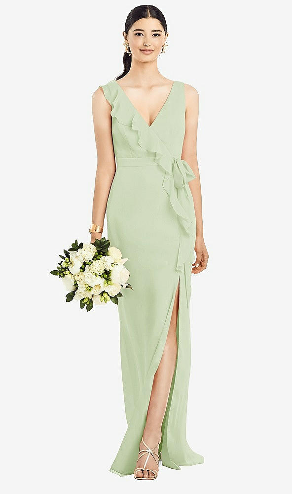 Front View - Limeade Sleeveless Ruffled Wrap Chiffon Gown