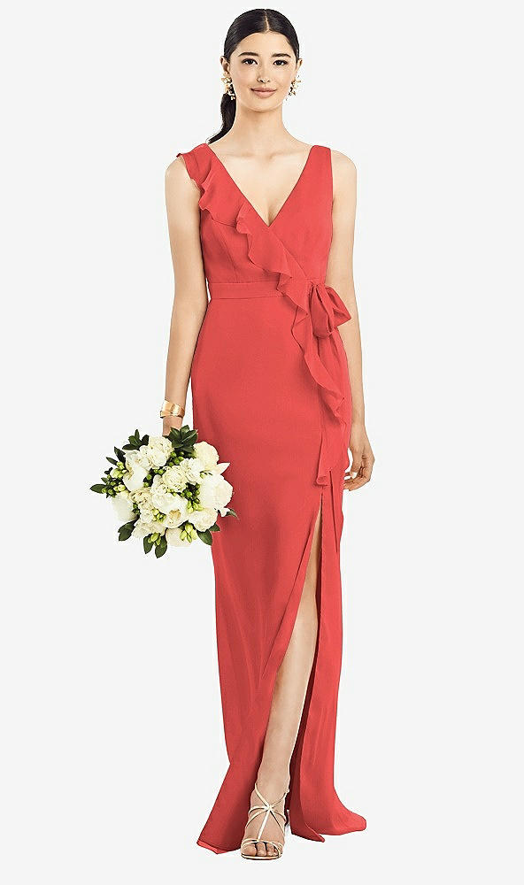 Front View - Perfect Coral Sleeveless Ruffled Wrap Chiffon Gown