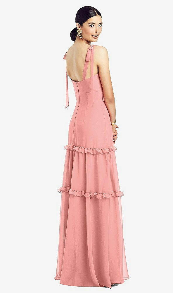 Back View - Apricot Bowed Tie-Shoulder Chiffon Dress with Tiered Ruffle Skirt