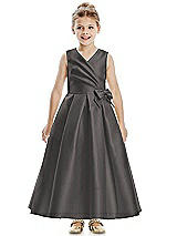 Front View Thumbnail - Caviar Gray Faux Wrap Pleated Skirt Satin Twill Flower Girl Dress with Bow