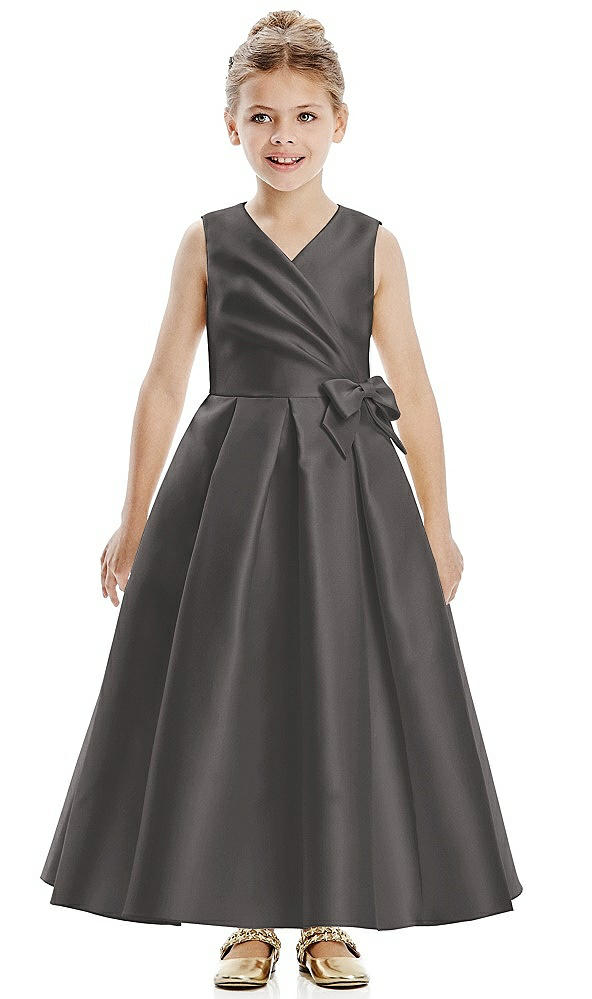 Front View - Caviar Gray Faux Wrap Pleated Skirt Satin Twill Flower Girl Dress with Bow