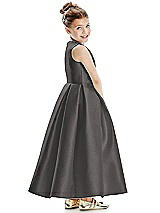 Rear View Thumbnail - Caviar Gray Faux Wrap Pleated Skirt Satin Twill Flower Girl Dress with Bow
