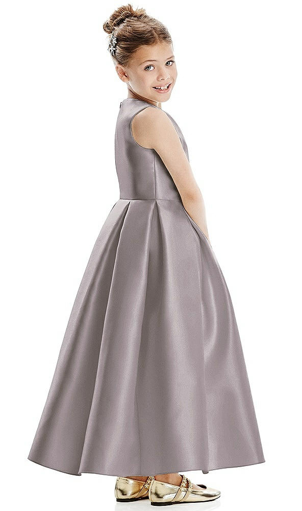 Back View - Cashmere Gray Faux Wrap Pleated Skirt Satin Twill Flower Girl Dress with Bow