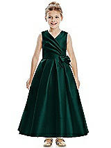 Front View Thumbnail - Evergreen Faux Wrap Pleated Skirt Satin Twill Flower Girl Dress with Bow