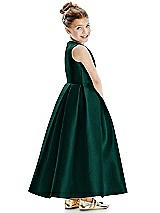 Rear View Thumbnail - Evergreen Faux Wrap Pleated Skirt Satin Twill Flower Girl Dress with Bow