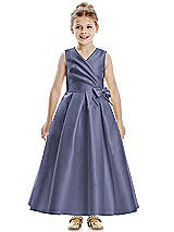 Front View Thumbnail - French Blue Faux Wrap Pleated Skirt Satin Twill Flower Girl Dress with Bow