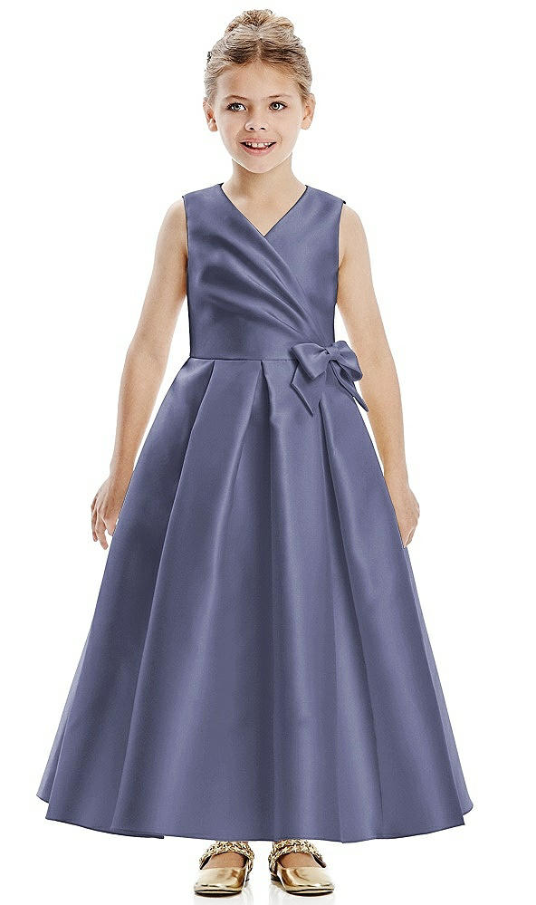 Front View - French Blue Faux Wrap Pleated Skirt Satin Twill Flower Girl Dress with Bow