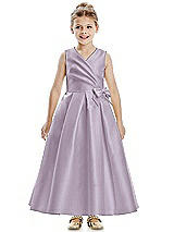 Front View Thumbnail - Lilac Haze Faux Wrap Pleated Skirt Satin Twill Flower Girl Dress with Bow