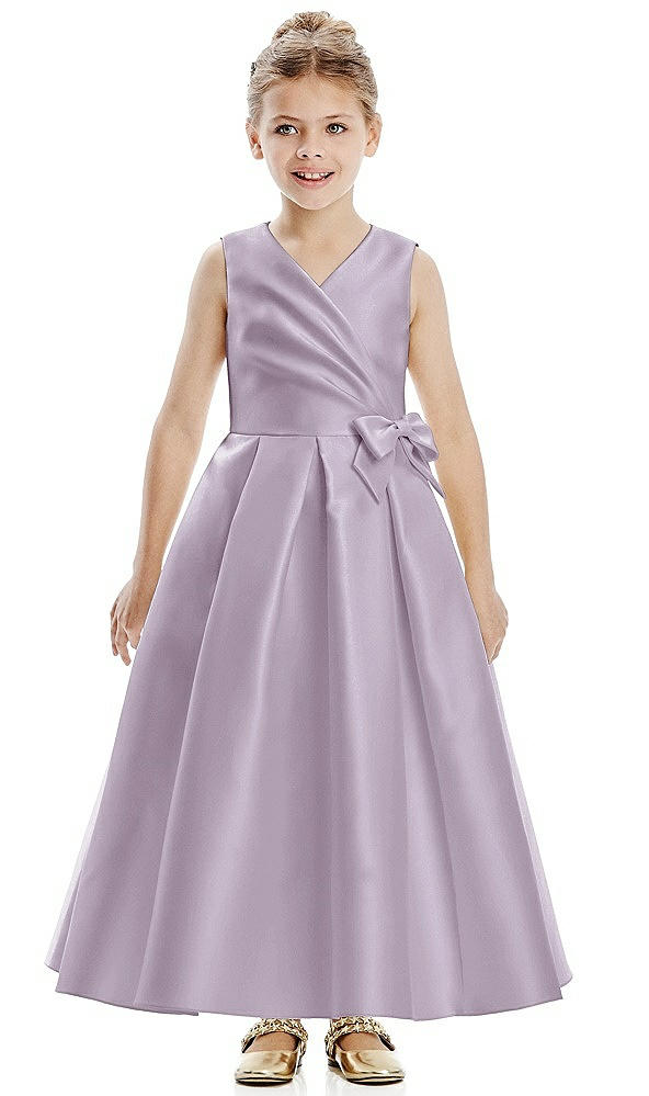 Front View - Lilac Haze Faux Wrap Pleated Skirt Satin Twill Flower Girl Dress with Bow