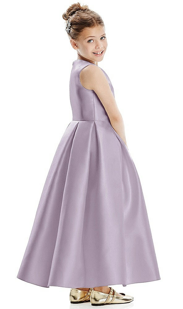 Back View - Lilac Haze Faux Wrap Pleated Skirt Satin Twill Flower Girl Dress with Bow