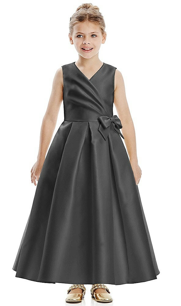 Front View - Pewter Faux Wrap Pleated Skirt Satin Twill Flower Girl Dress with Bow
