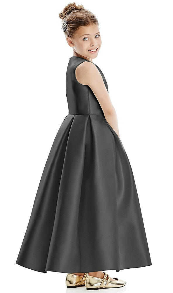 Back View - Pewter Faux Wrap Pleated Skirt Satin Twill Flower Girl Dress with Bow