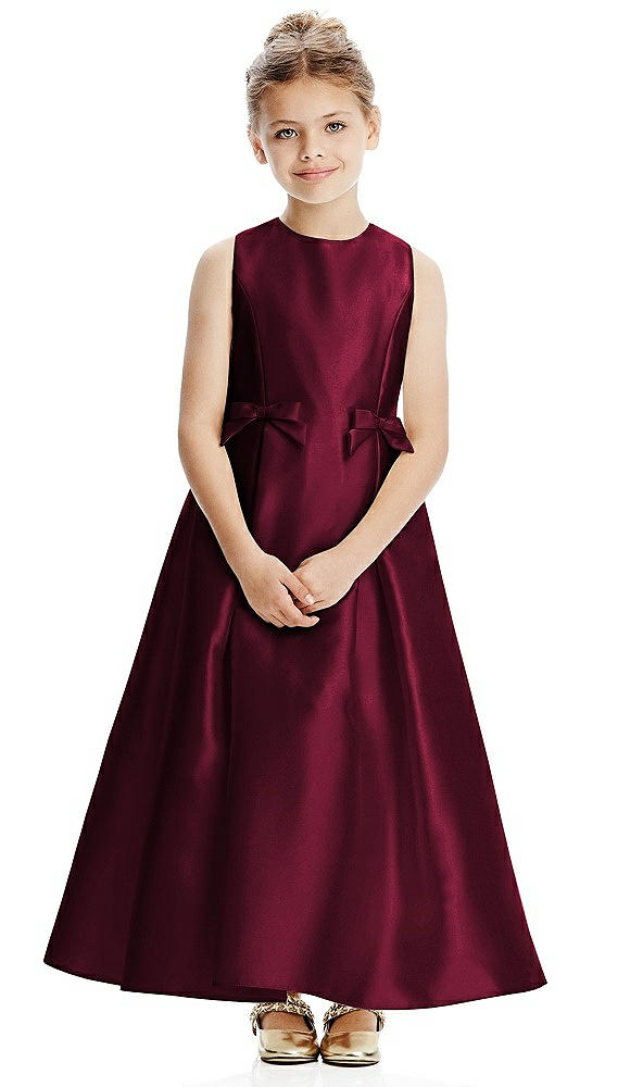 Front View - Cabernet Princess Line Satin Twill Flower Girl Dress with Bows