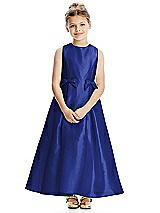 Front View Thumbnail - Cobalt Blue Princess Line Satin Twill Flower Girl Dress with Bows