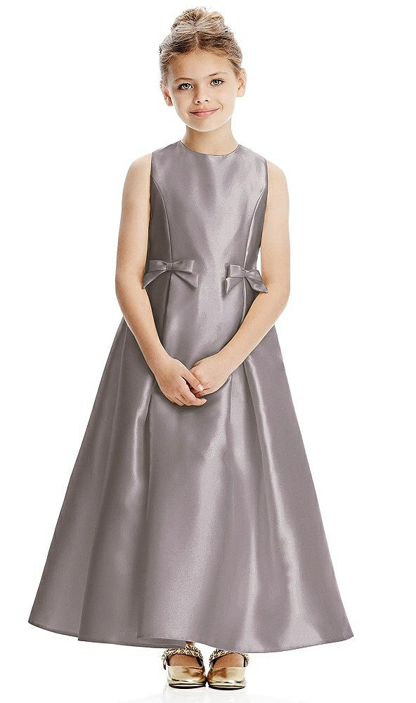 Front View - Cashmere Gray Princess Line Satin Twill Flower Girl Dress with Bows