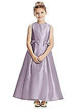 Front View Thumbnail - Lilac Haze Princess Line Satin Twill Flower Girl Dress with Bows