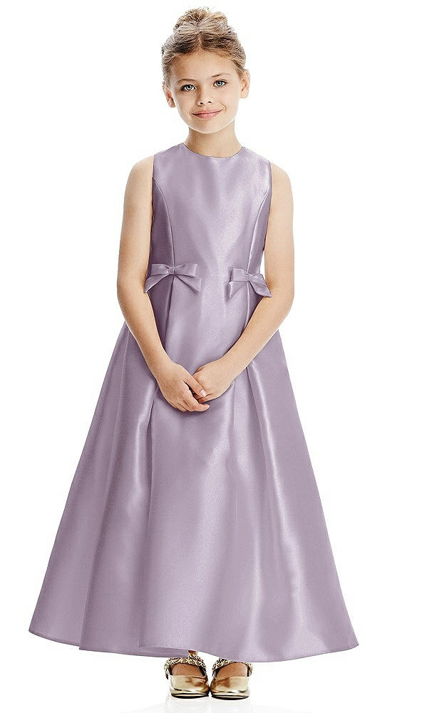 Front View - Lilac Haze Princess Line Satin Twill Flower Girl Dress with Bows