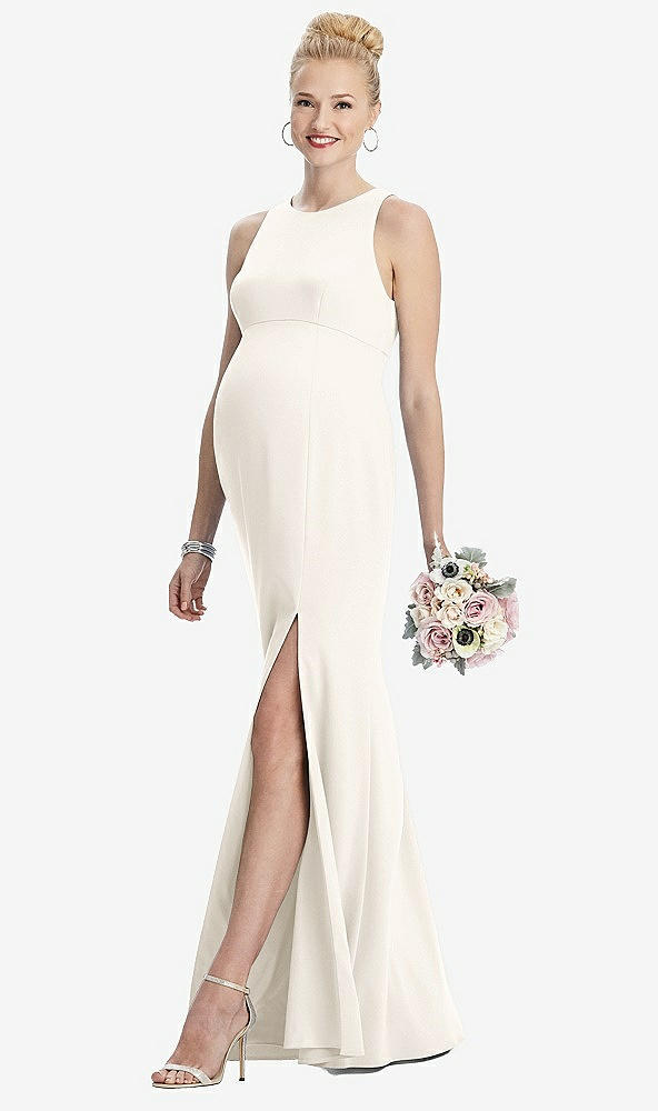 Front View - Ivory Sleeveless Halter Maternity Dress with Front Slit