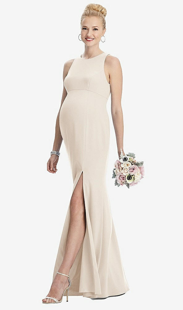 Front View - Oat Sleeveless Halter Maternity Dress with Front Slit