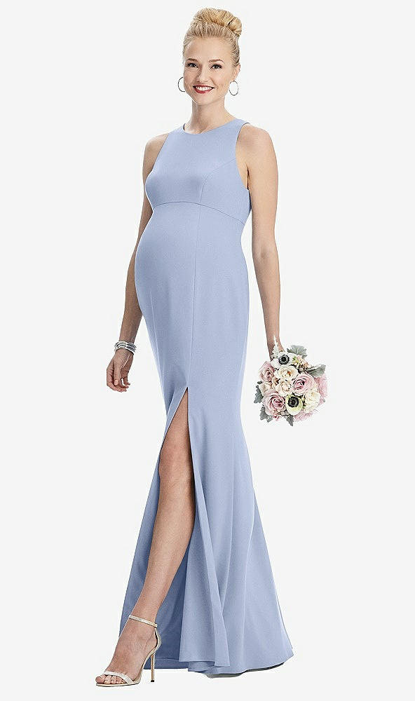 Front View - Sky Blue Sleeveless Halter Maternity Dress with Front Slit