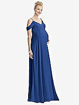 Front View Thumbnail - Classic Blue Draped Cold-Shoulder Chiffon Maternity Dress
