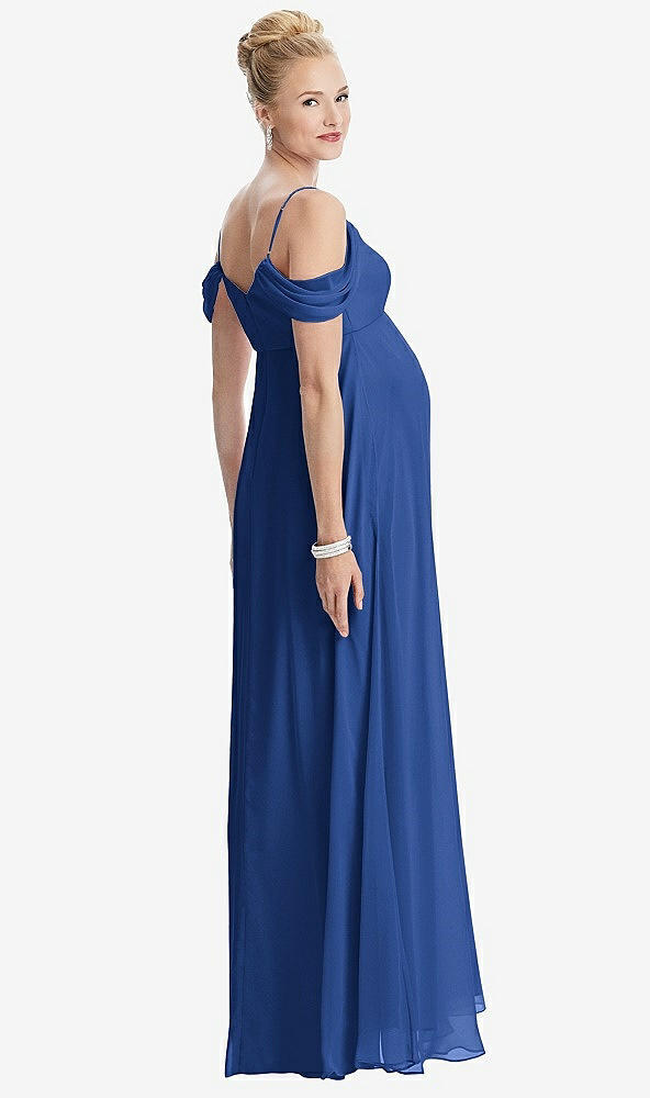Back View - Classic Blue Draped Cold-Shoulder Chiffon Maternity Dress