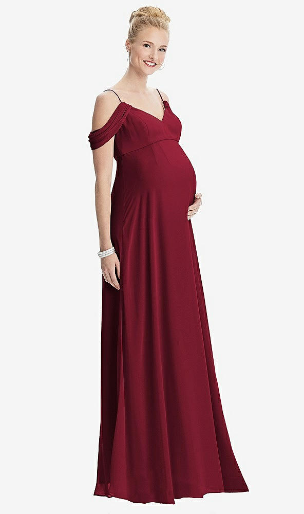 Front View - Burgundy Draped Cold-Shoulder Chiffon Maternity Dress