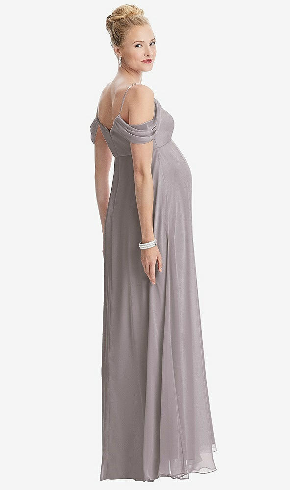 Back View - Cashmere Gray Draped Cold-Shoulder Chiffon Maternity Dress