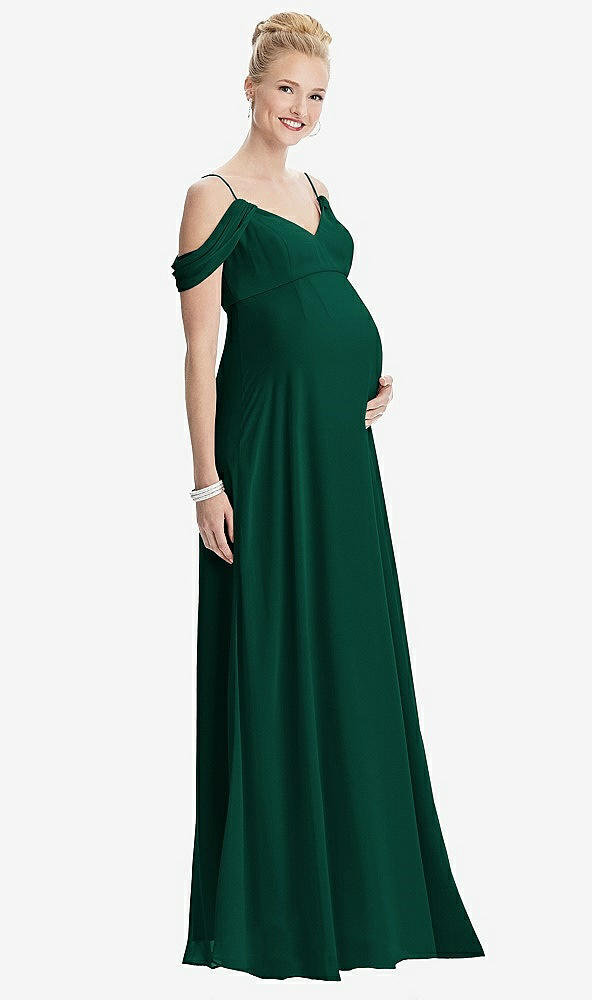 Front View - Hunter Green Draped Cold-Shoulder Chiffon Maternity Dress