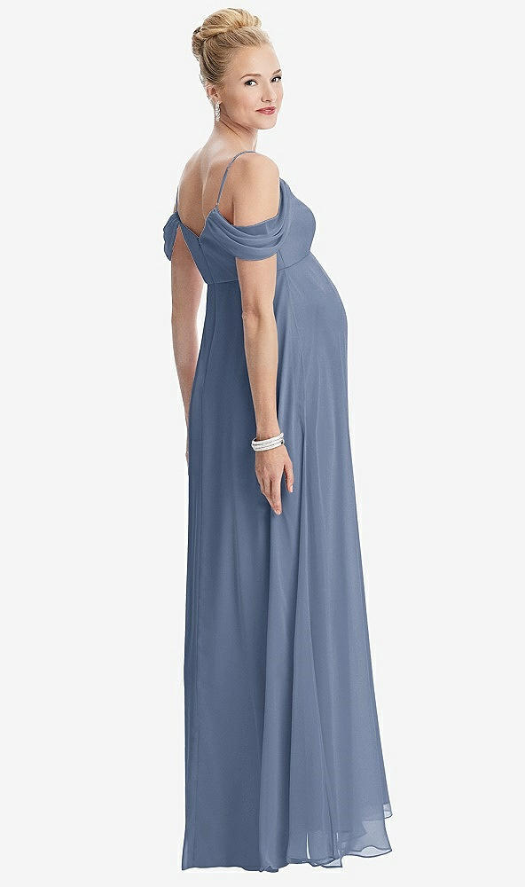 Back View - Larkspur Blue Draped Cold-Shoulder Chiffon Maternity Dress