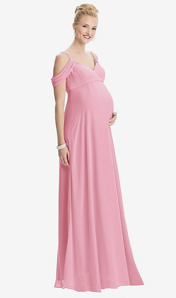 Front View - Peony Pink Draped Cold-Shoulder Chiffon Maternity Dress