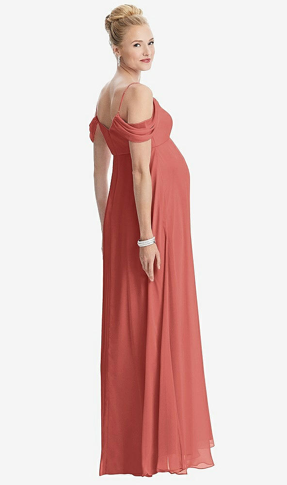 Back View - Coral Pink Draped Cold-Shoulder Chiffon Maternity Dress