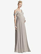 Front View Thumbnail - Taupe Draped Cold-Shoulder Chiffon Maternity Dress