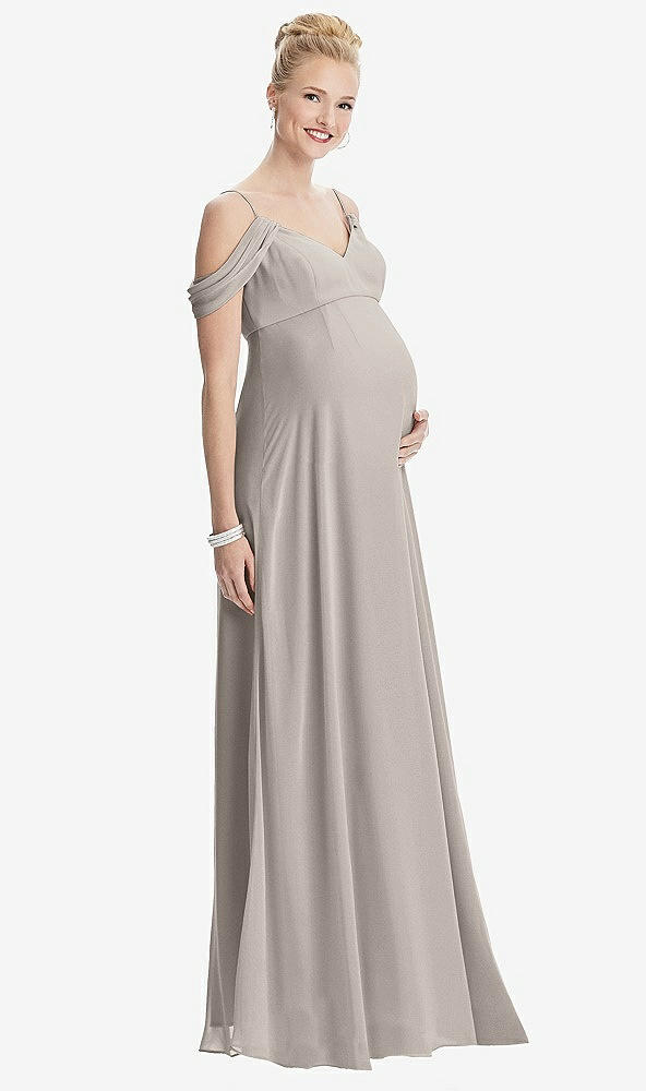 Front View - Taupe Draped Cold-Shoulder Chiffon Maternity Dress