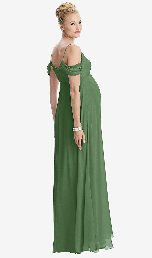 Back View - Vineyard Green Draped Cold-Shoulder Chiffon Maternity Dress