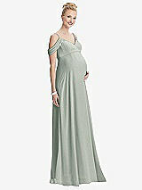 Front View Thumbnail - Willow Green Draped Cold-Shoulder Chiffon Maternity Dress