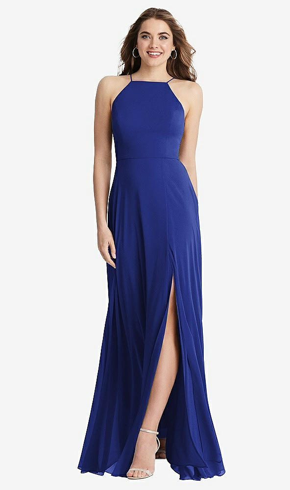 Front View - Cobalt Blue High Neck Chiffon Maxi Dress with Front Slit - Lela