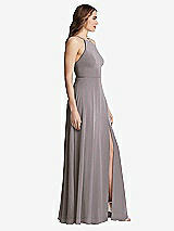 Side View Thumbnail - Cashmere Gray High Neck Chiffon Maxi Dress with Front Slit - Lela