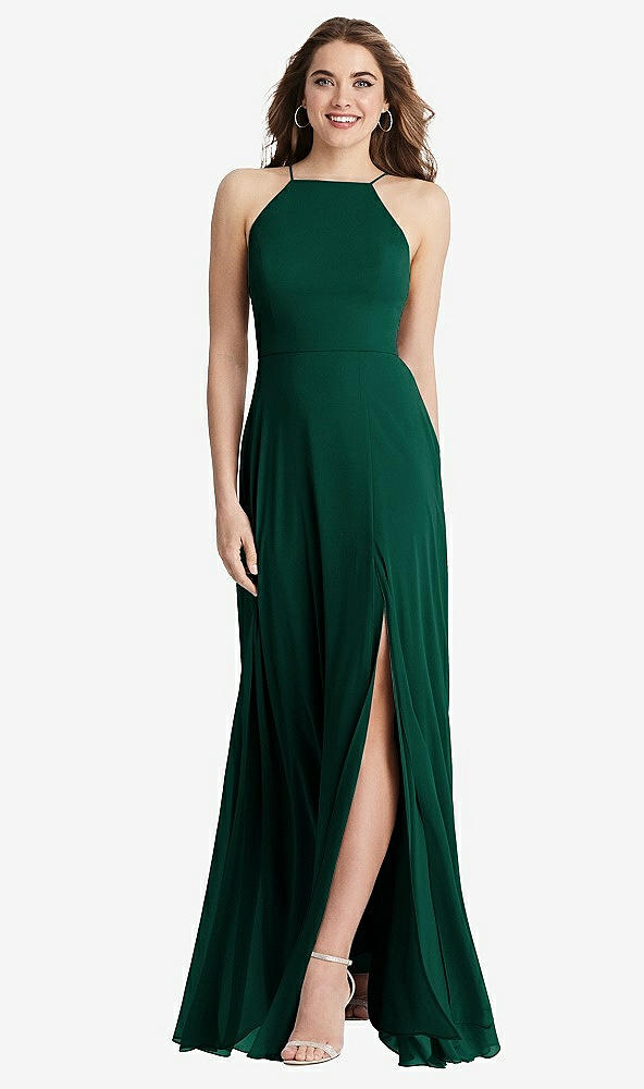 Front View - Hunter Green High Neck Chiffon Maxi Dress with Front Slit - Lela