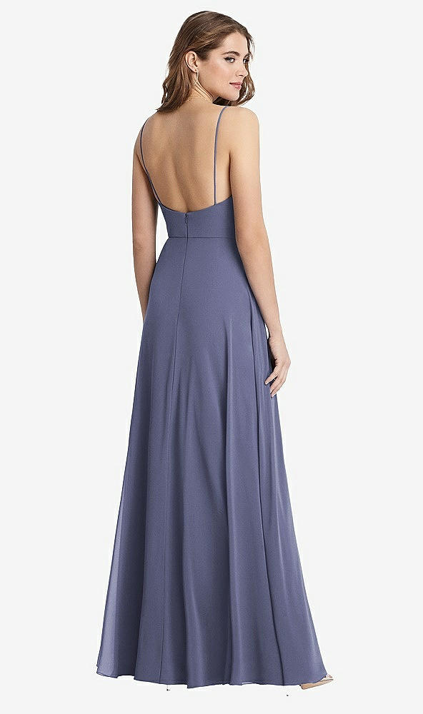 Back View - French Blue Square Neck Chiffon Maxi Dress with Front Slit - Elliott