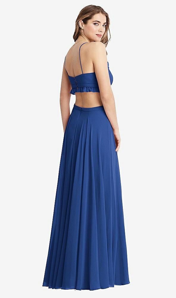 Back View - Classic Blue Ruffled Chiffon Cutout Maxi Dress - Jessie