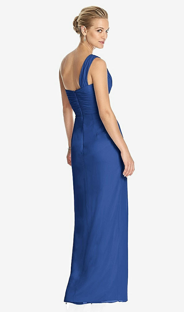 Back View - Classic Blue One-Shoulder Draped Maxi Dress with Front Slit - Aeryn